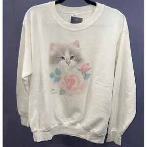 90s Kitten Rose Graphic Sweatshirt White Delta USA Made Vintage Cute Kitty L